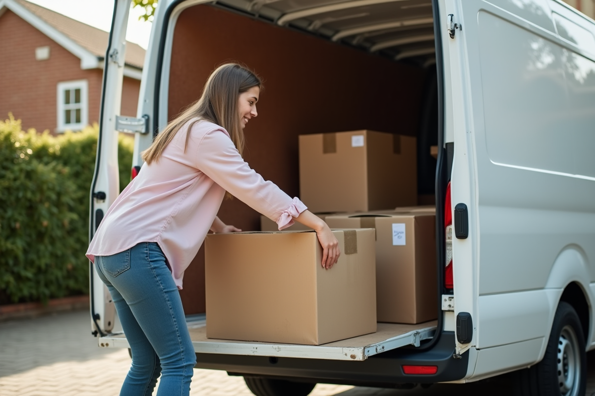 Jeune femme chargeant des cartons dans un camion blanc
