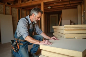 Homme moyen âge examine des panneaux d'isolation en fibres naturelles