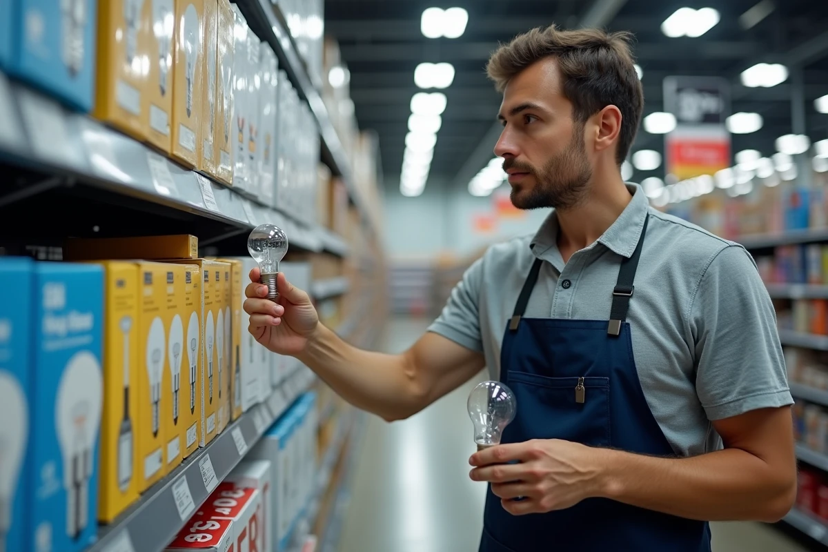 Employé de magasin tenant une ampoule à petit culot E14 devant un rayon de quincaillerie