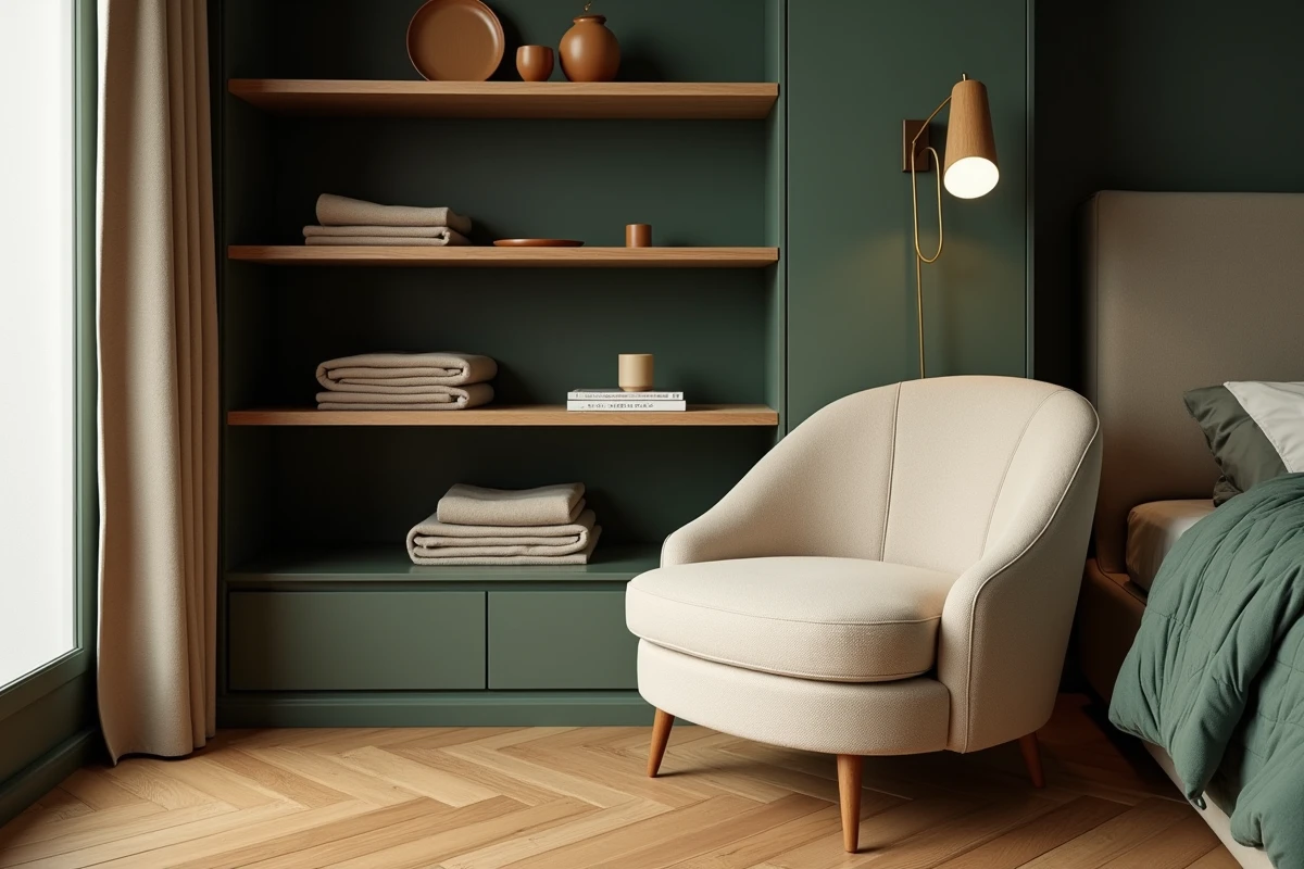 Coin lecture cosy dans une chambre parentale avec fauteuil bouclé crème, parquet en chêne et étagères décoratives en bois