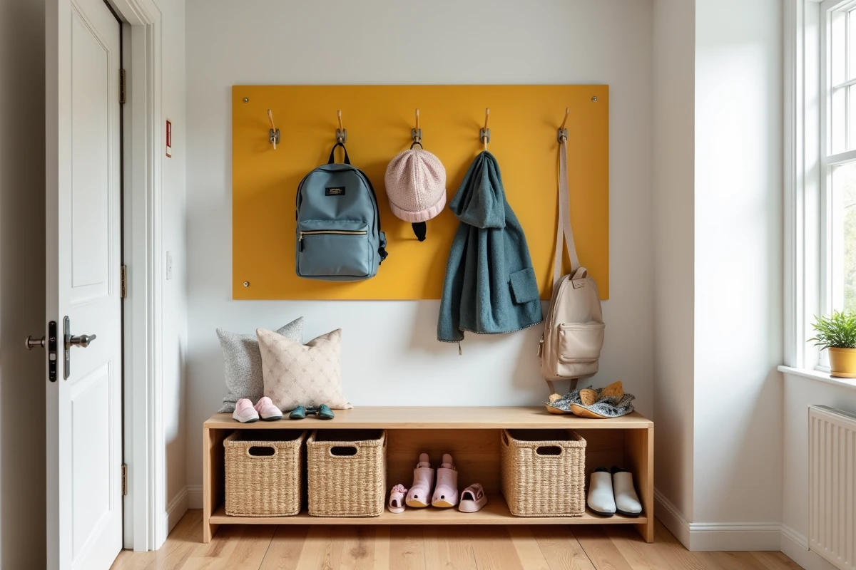 Coin entrée de chambre d'enfant avec panneau pegboard coloré et patères originales en bois pour ranger sacs et vêtements