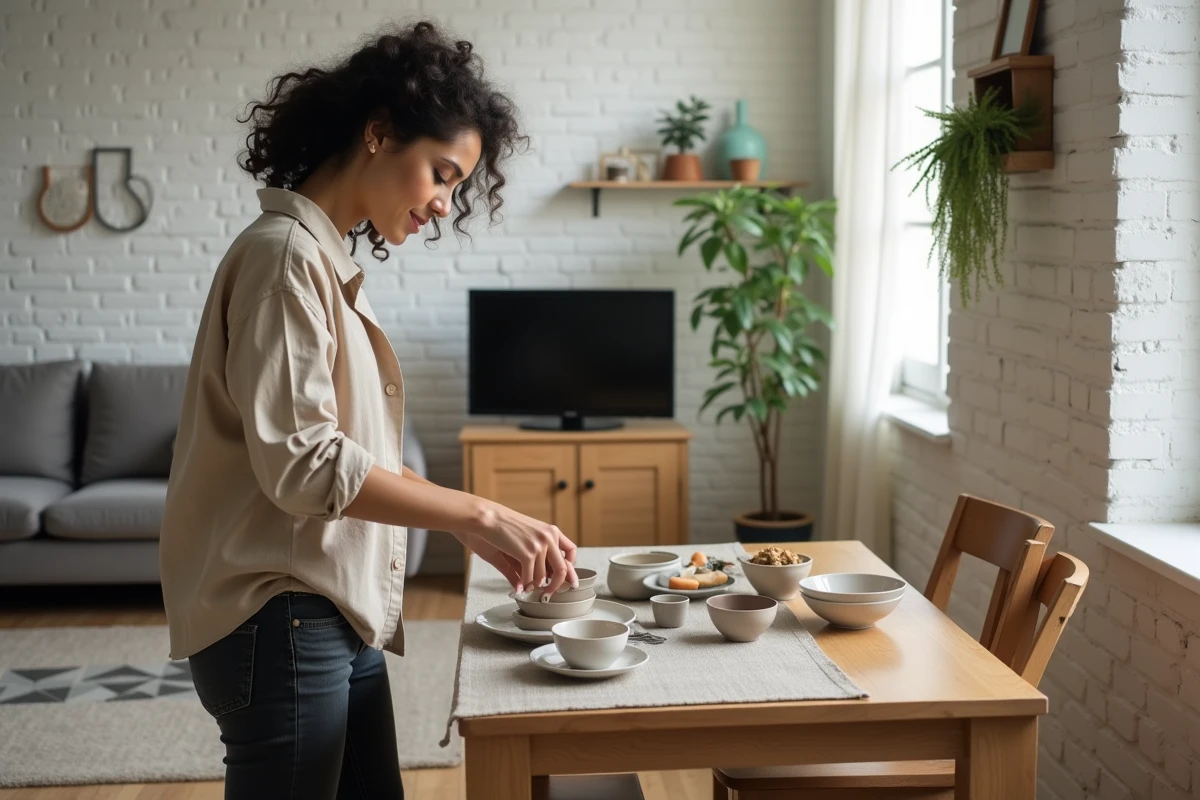 Femme arrangeant une table dans un coin repas discret intégré au salon d'un petit appartement urbain