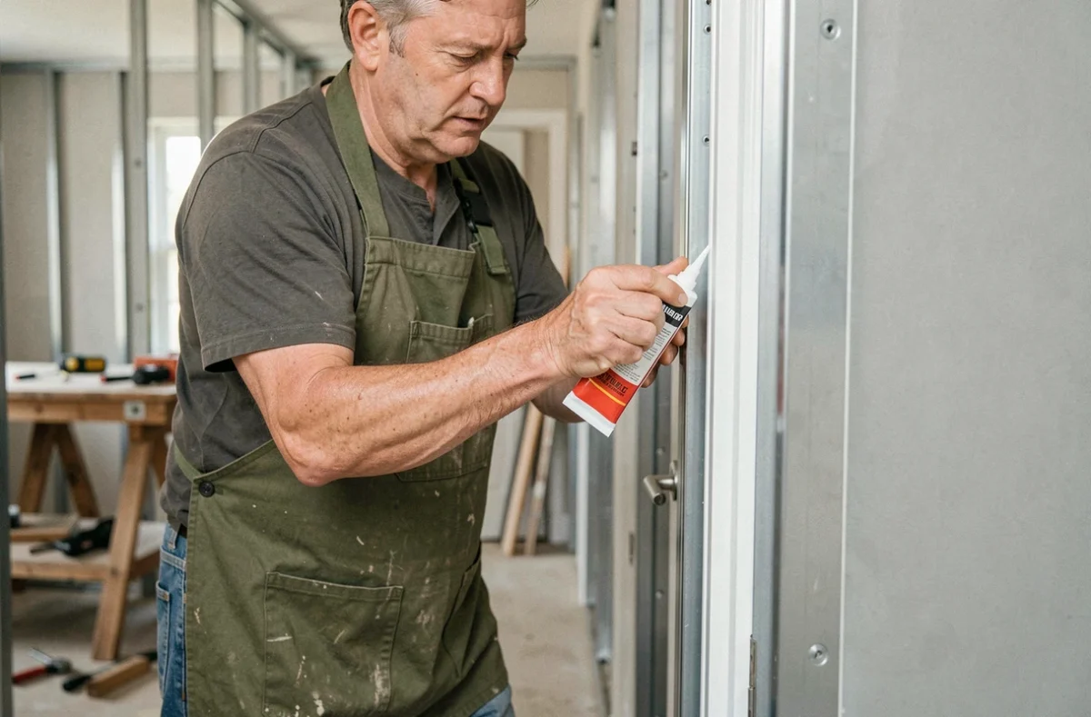 Homme appliquant de la colle industrielle sur un profilé plastique fixé contre un cadre de porte métallique lors de travaux de rénovation intérieure