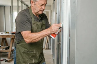 Homme appliquant de la colle industrielle sur un profilé plastique fixé contre un cadre de porte métallique lors de travaux de rénovation intérieure