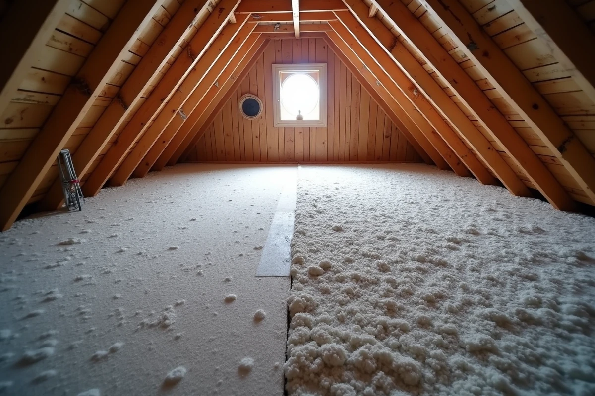 Combles perdus avec isolation en ouate de cellulose soufflée recouvrant le plancher entre les solives