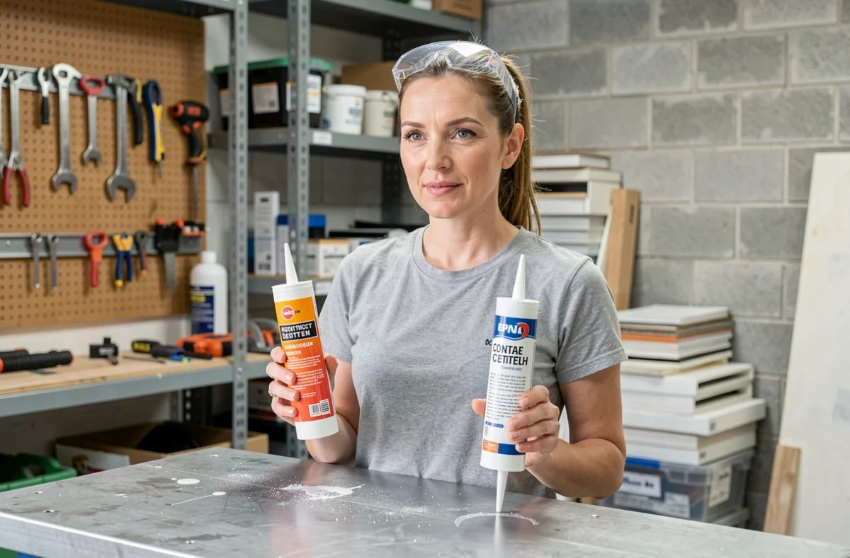 Femme comparant deux types de colles, époxy et colle contact, au-dessus d'un établi métallique dans un atelier de rénovation domestique