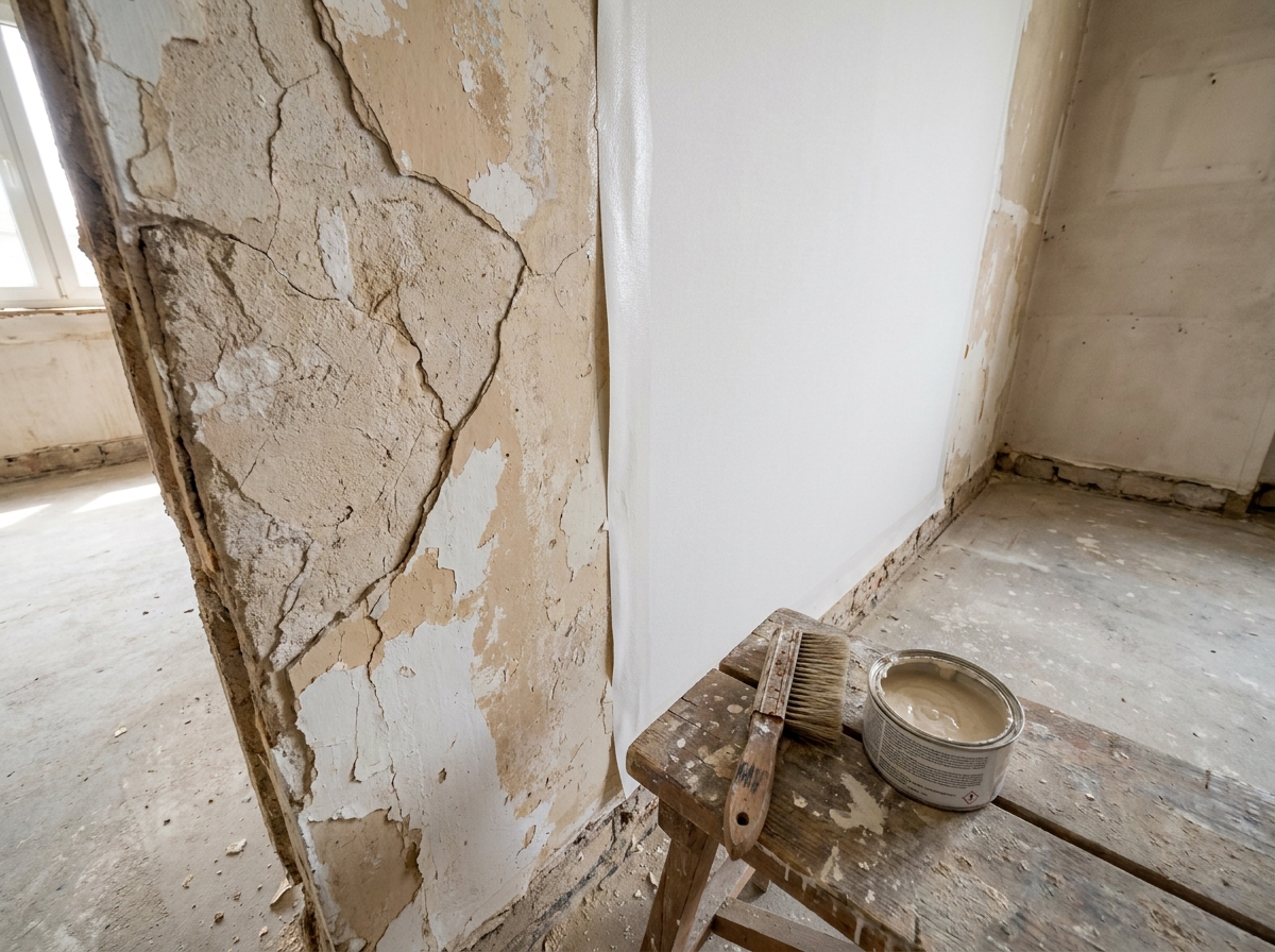 Comparaison entre un mur fissuré non traité et un mur recouvert d'une toile à peindre prête à être peinte