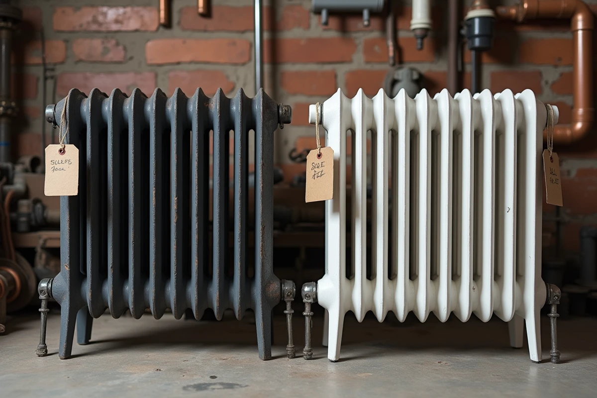 Comparaison côte à côte d'un radiateur en fonte ancien rénové et d'un modèle moderne avec étiquettes de prix dans un atelier de chauffagiste