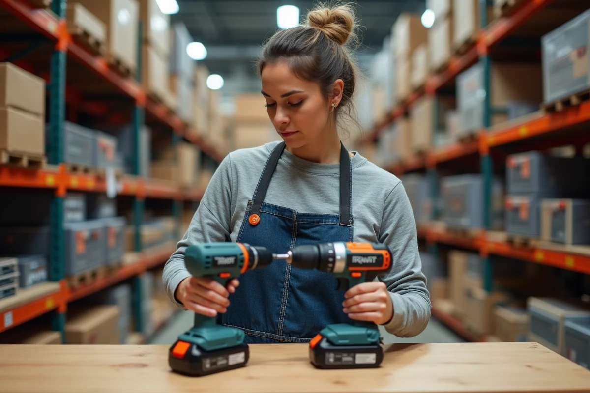 Femme comparant deux modèles de visseuses sans fil dans un magasin de bricolage