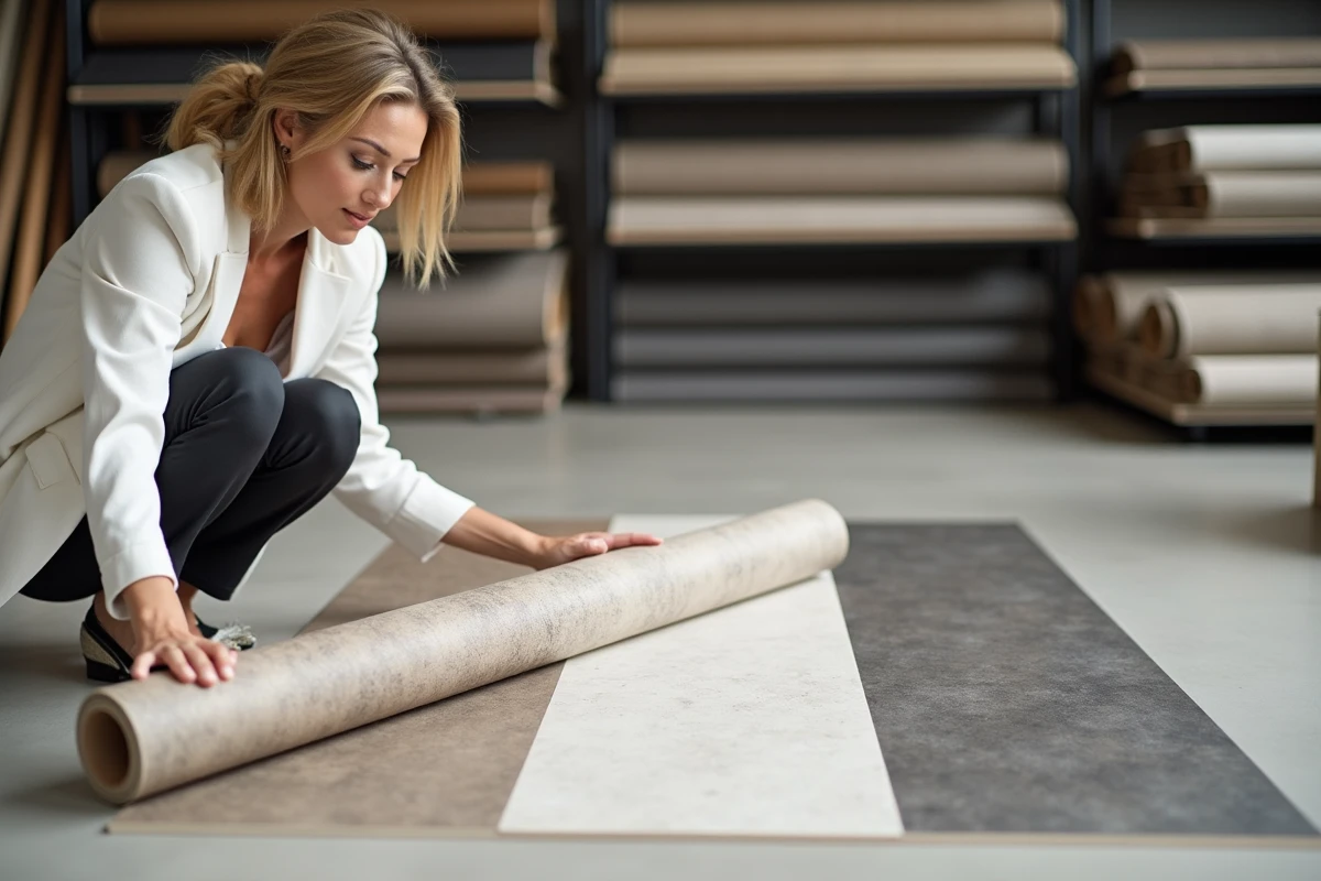 Designer d'intérieur comparant plusieurs finitions de sol PVC rouleau dans un showroom de revêtements de sol