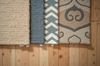 Comparatif de trois échantillons de tapis japonisant en jute, coton et laine posés sur un parquet en chêne clair