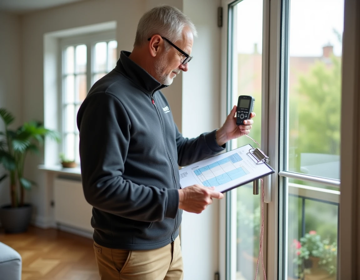 Consultant en bilan énergétique testant l'étanchéité à l'air des fenêtres dans un séjour