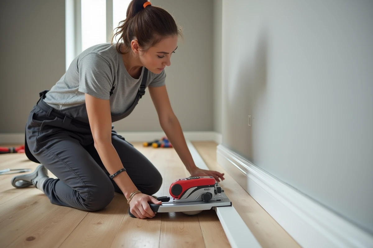 Femme coupant une plinthe en bois peint à 45 degrés avec une boîte à onglets dans un salon en cours de rénovation