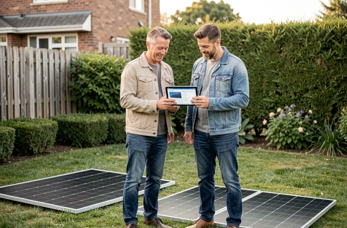 Couple de propriétaires consultant les prix de panneaux solaires 380W sur tablette dans leur jardin avec des panneaux posés sur l'herbe