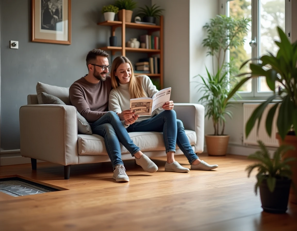 Couple étudiant les solutions de chauffage par pompe à chaleur dans leur salon moderne