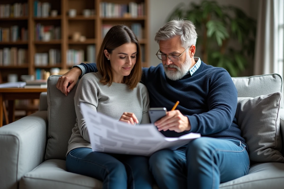 Couple comparant des informations sur un site maison avec des notes papier et un smartphone dans leur salon