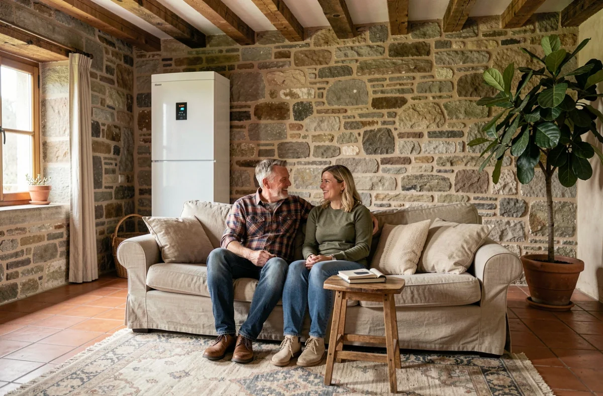 Couple installé dans un salon de maison rénovée avec une pompe à chaleur murale visible en arrière-plan