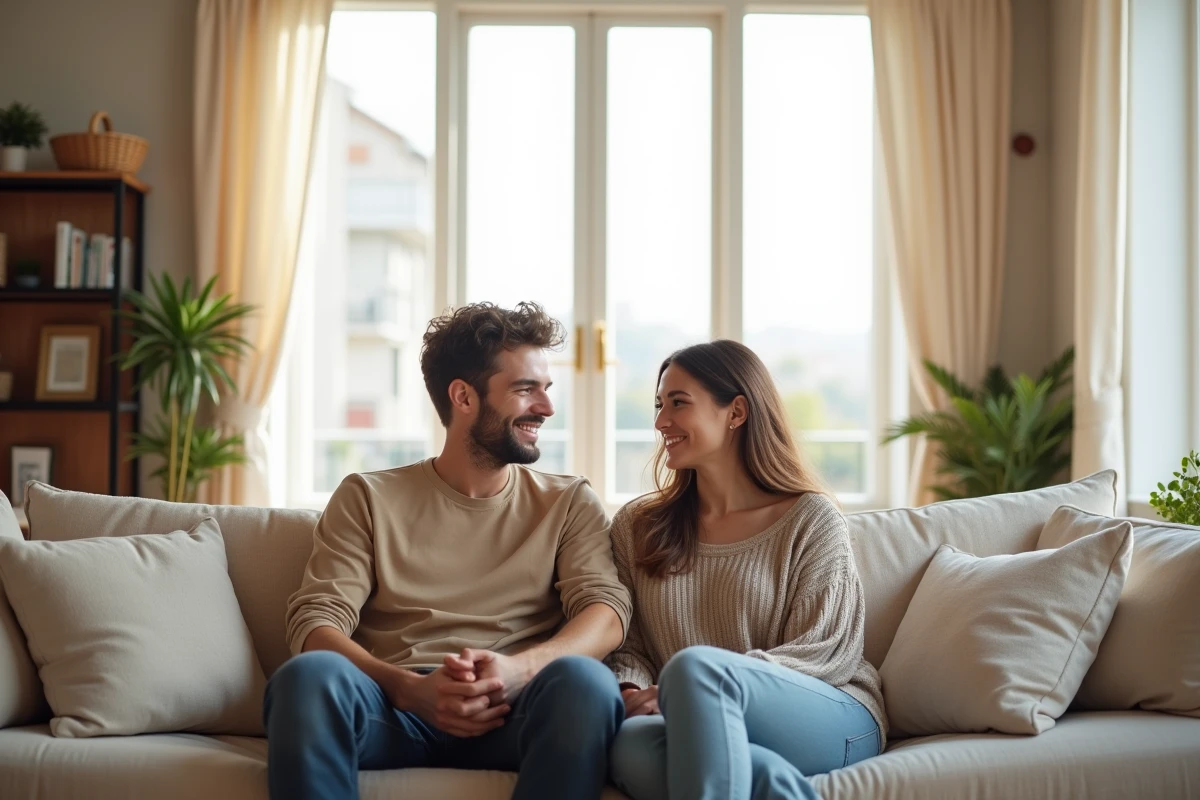 Jeune couple souriant dans un salon avec rideaux en lin clair