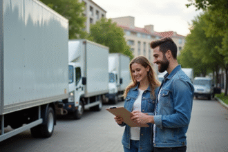 Couple souriant devant des camions de déménagement variés