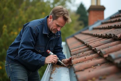 Couvreur soudant une gouttière en zinc sur un toit résidentiel