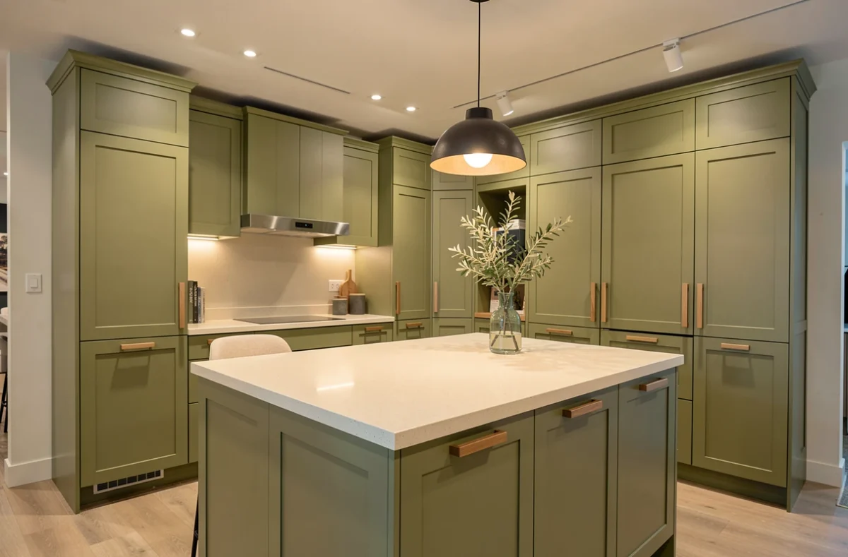 Cuisine Aviva en vert olive avec îlot en quartz crème et poignées bois dans un showroom contemporain