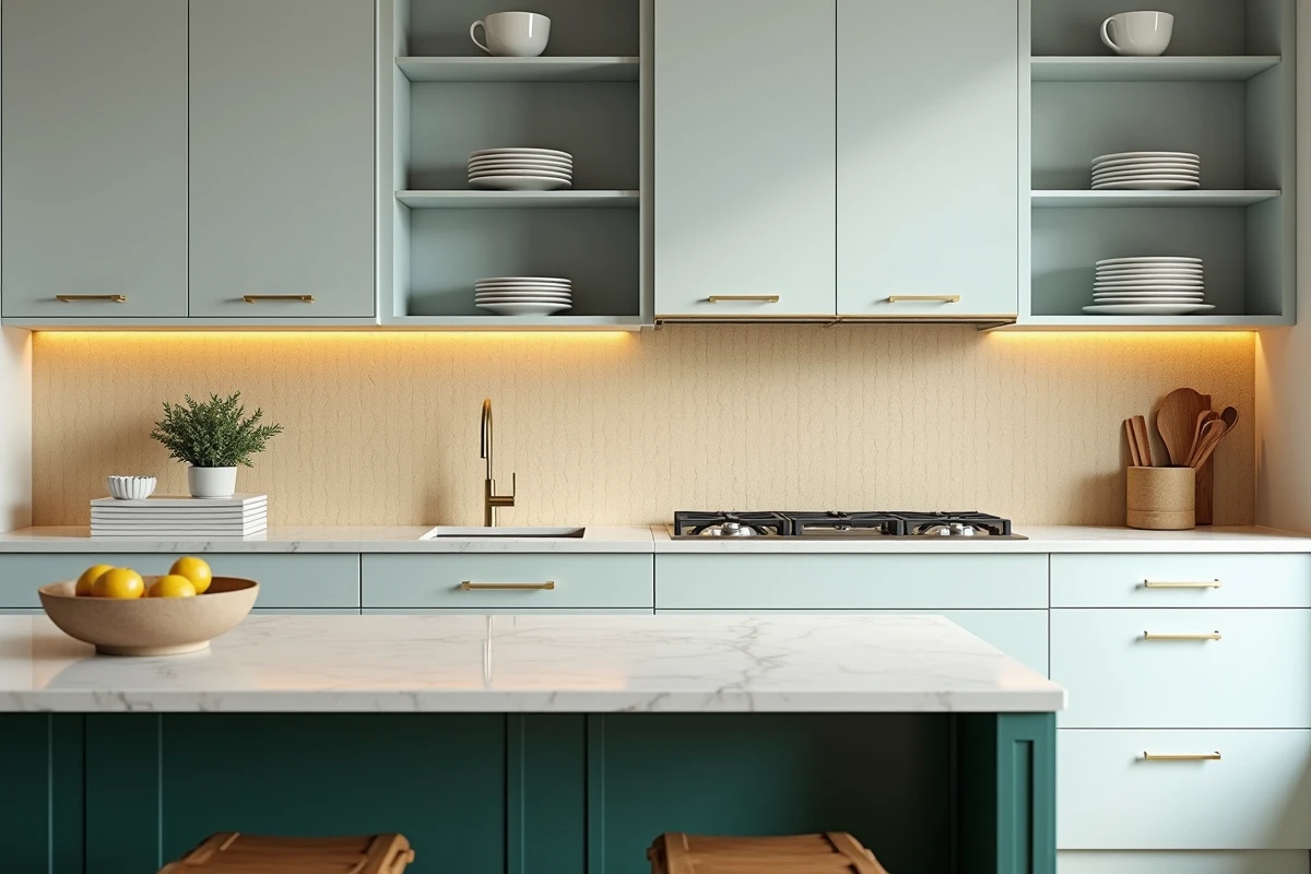 Cuisine moderne aux meubles bleu poudré associés à un îlot vert forêt et une crédence en zellige crème pour un rendu contemporain et chaleureux