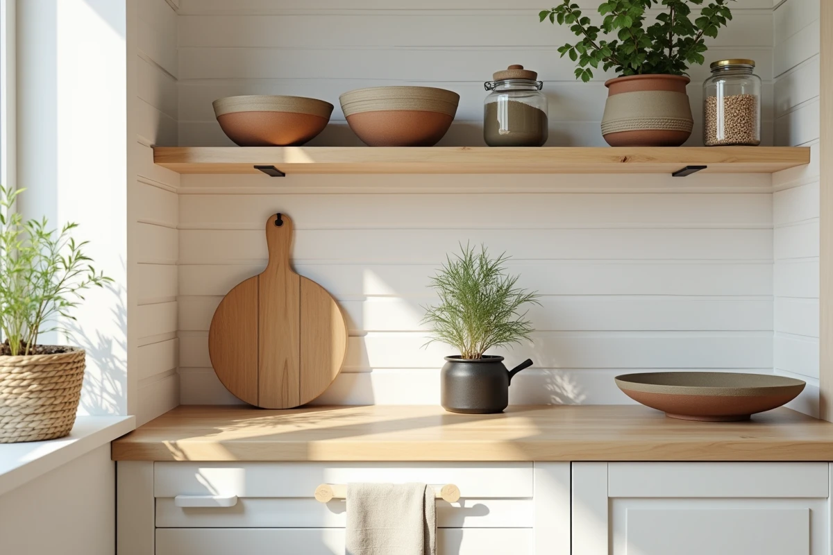 Cuisine écologique avec étagères en pin, bols en céramique artisanale, bocaux en verre et herbes aromatiques dans une déco naturelle et durable