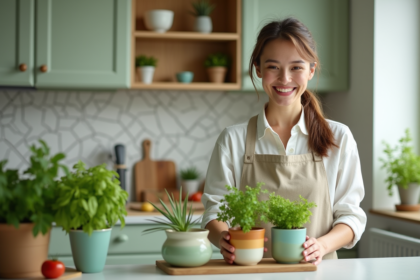 Femme souriante arrangeant des herbes fraîches dans la cuisine
