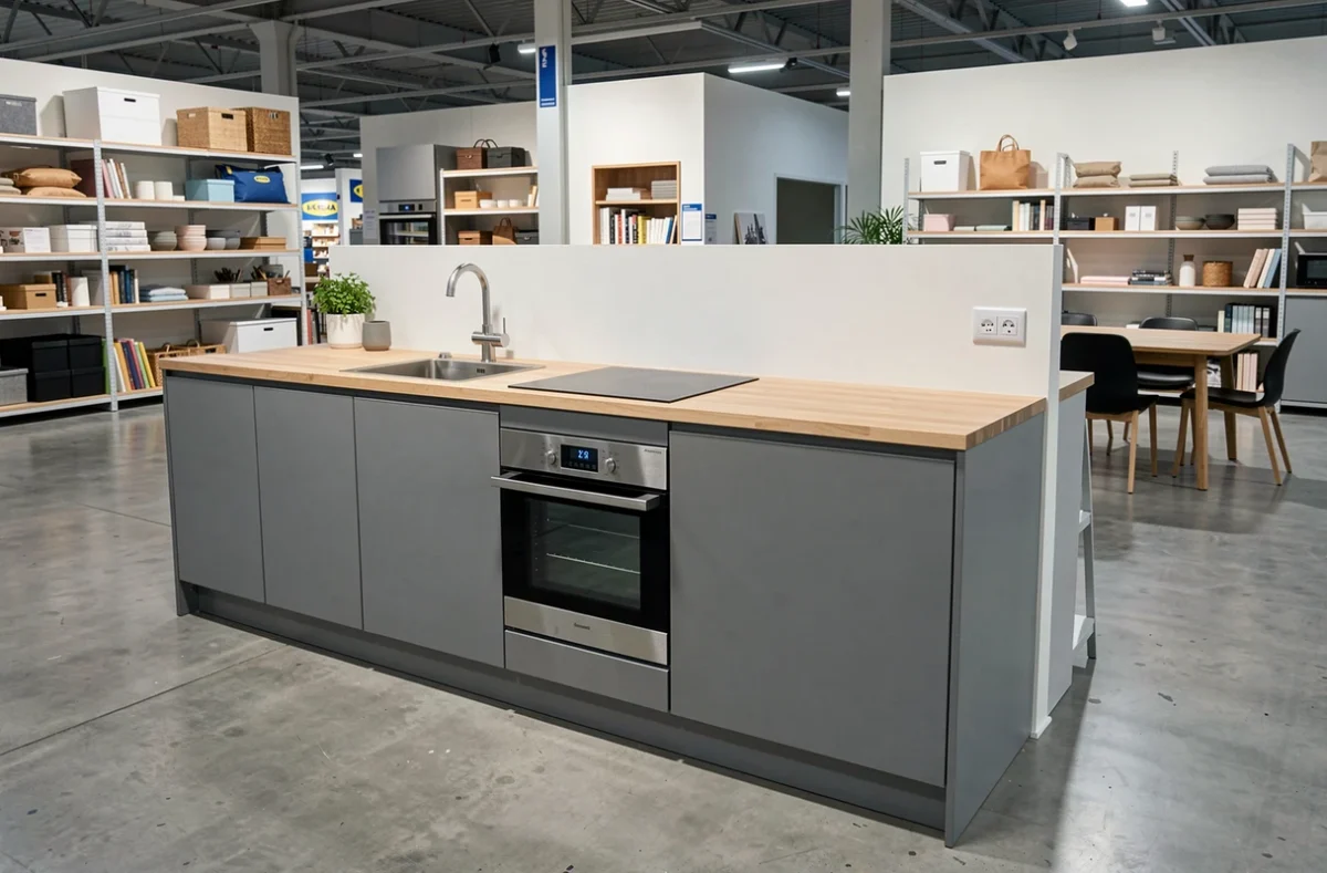 Cuisine IKEA grise style scandinave avec plan en bouleau et électroménager inox dans le showroom d'Annemasse