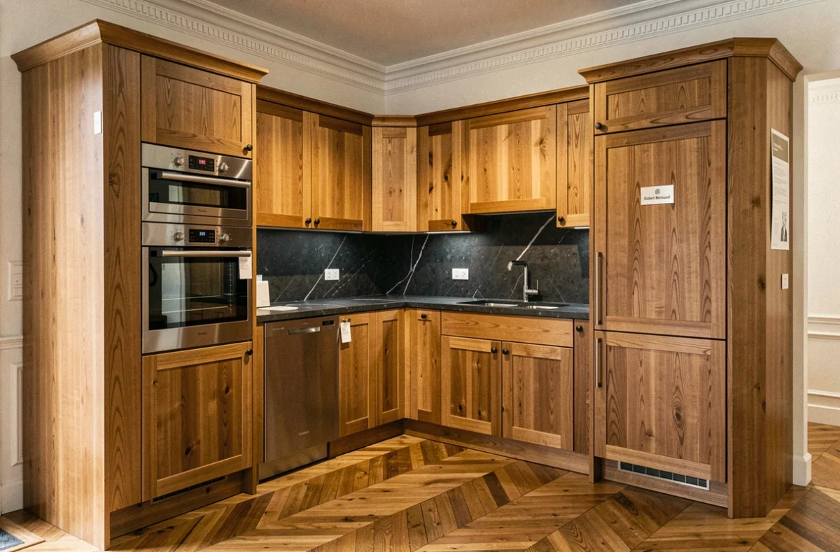 Cuisine Robert Bernard en chêne fumé avec plan en pierre noire et électroménager inox dans un showroom régional haut de gamme
