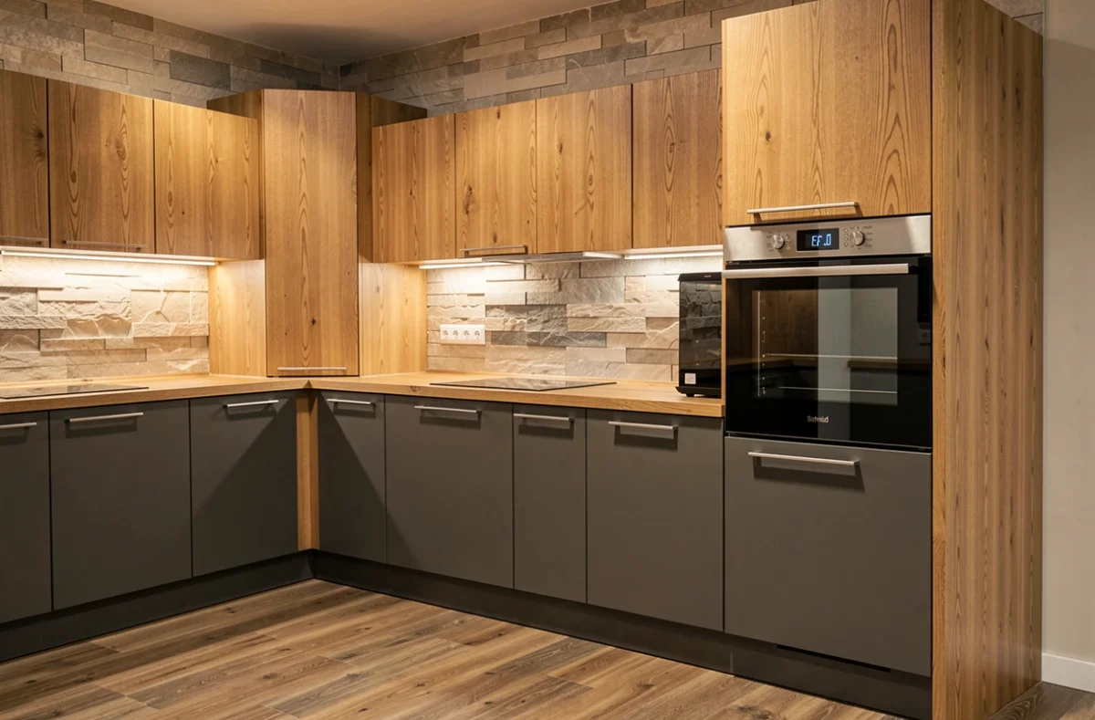 Cuisine Schmidt en chêne et façades anthracite avec colonne four intégrée dans un showroom haut de gamme