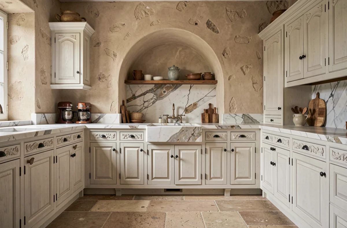 Cuisine sur mesure de Sébastien Georget avec menuiserie artisanale, plan en marbre épais et évier butler sous une alcôve en arche