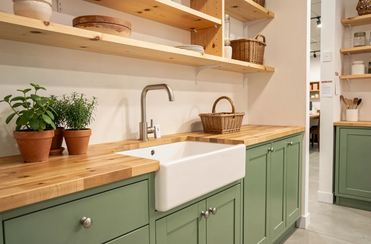 Cuisine SoCoo'c en vert sauge et pin naturel avec plan boucher et évier style campagne dans un showroom coloré