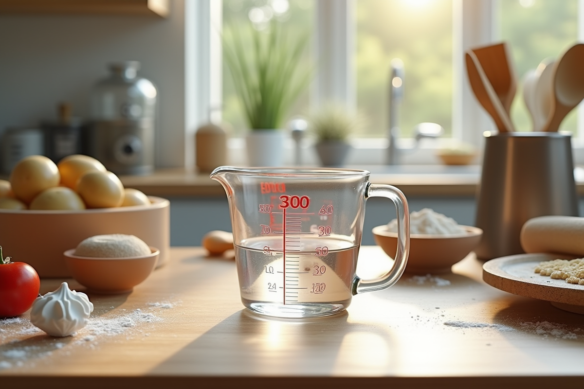 Verre mesureur d'eau sur un plan de travail de cuisine