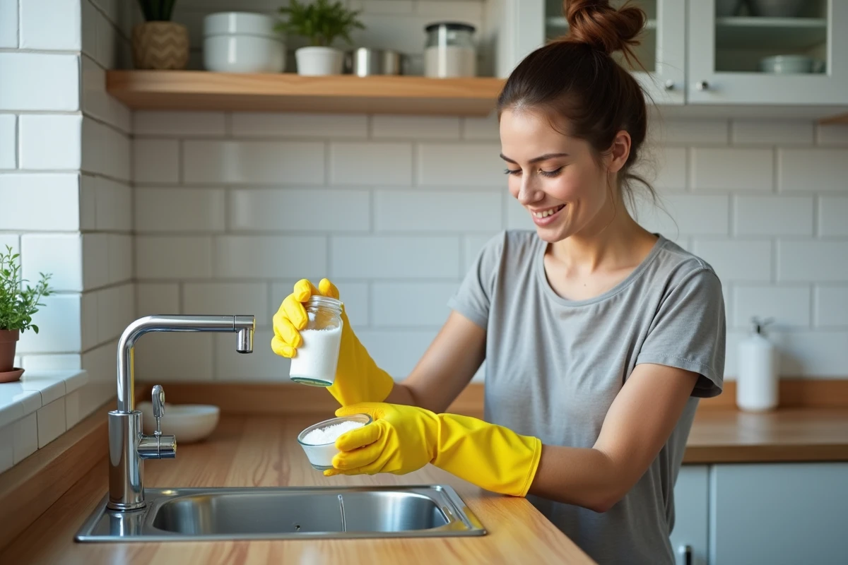 Femme versant du bicarbonate de soude dans l'évier d'un appartement locatif pour déboucher la bonde