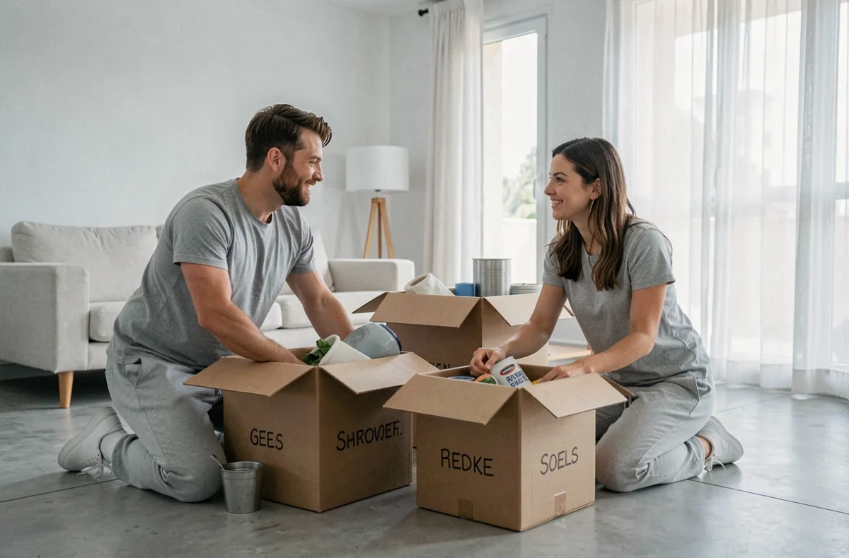 Couple triant des affaires pour désencombrer leur appartement à Perpignan
