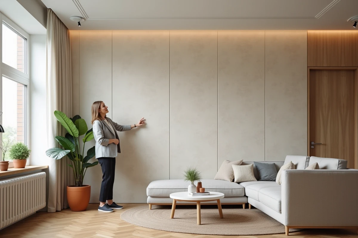 Designer d'intérieur présentant un revêtement mural en fibrecouture plaquage sans vis dans un appartement contemporain