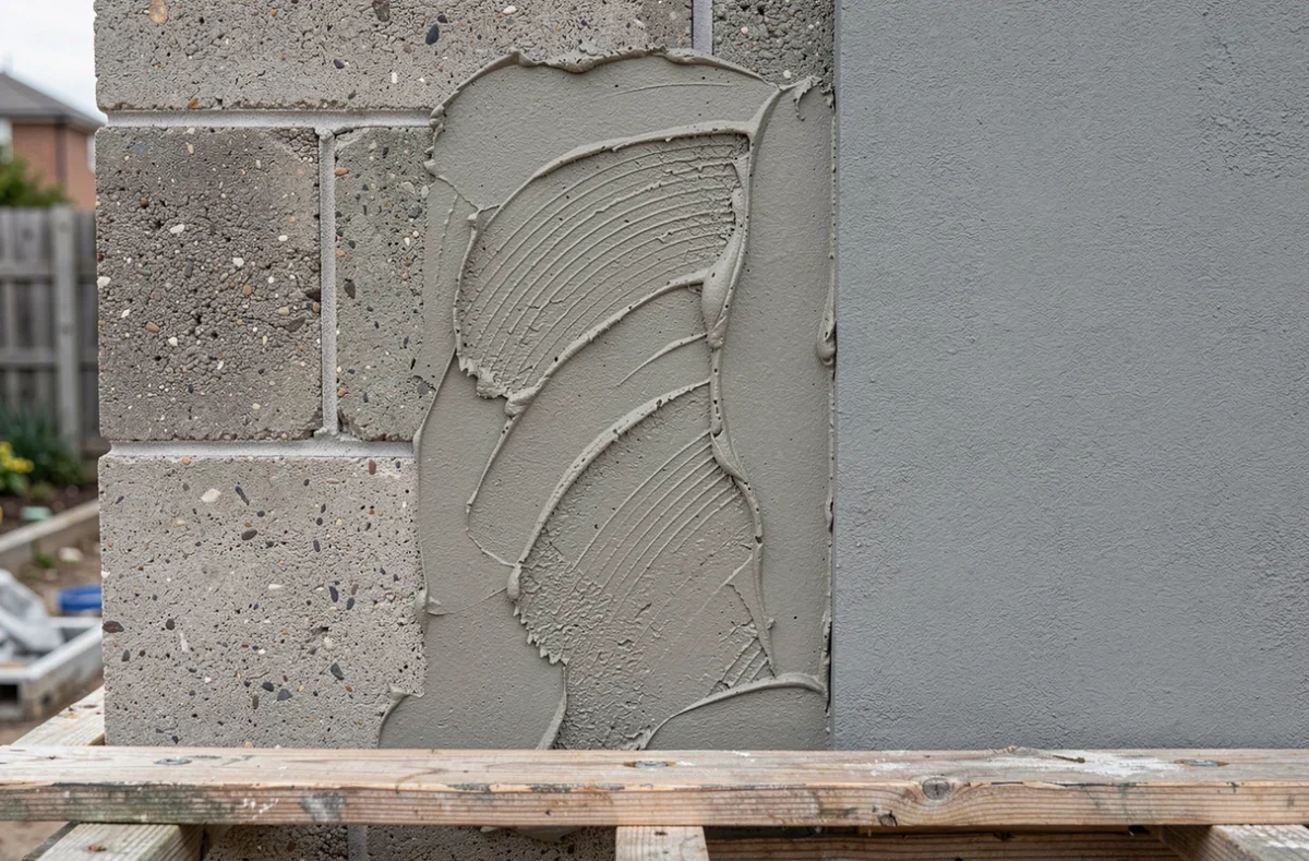 Détail des différentes couches d'enduit sur un mur en parpaings en cours de rénovation