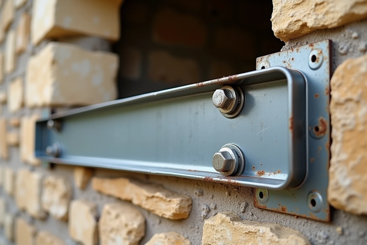 Détail d'une poutre en fer IPN installée en linteau au-dessus d'une fenêtre dans un mur en pierre de maison ancienne
