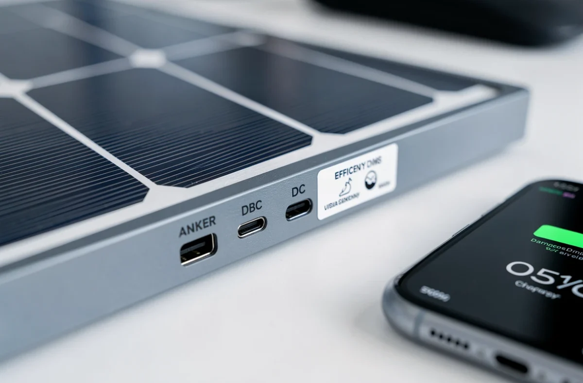 Gros plan sur la surface cellulaire et les ports de connexion d'un panneau solaire Anker posé sur un bureau blanc avec un smartphone en charge