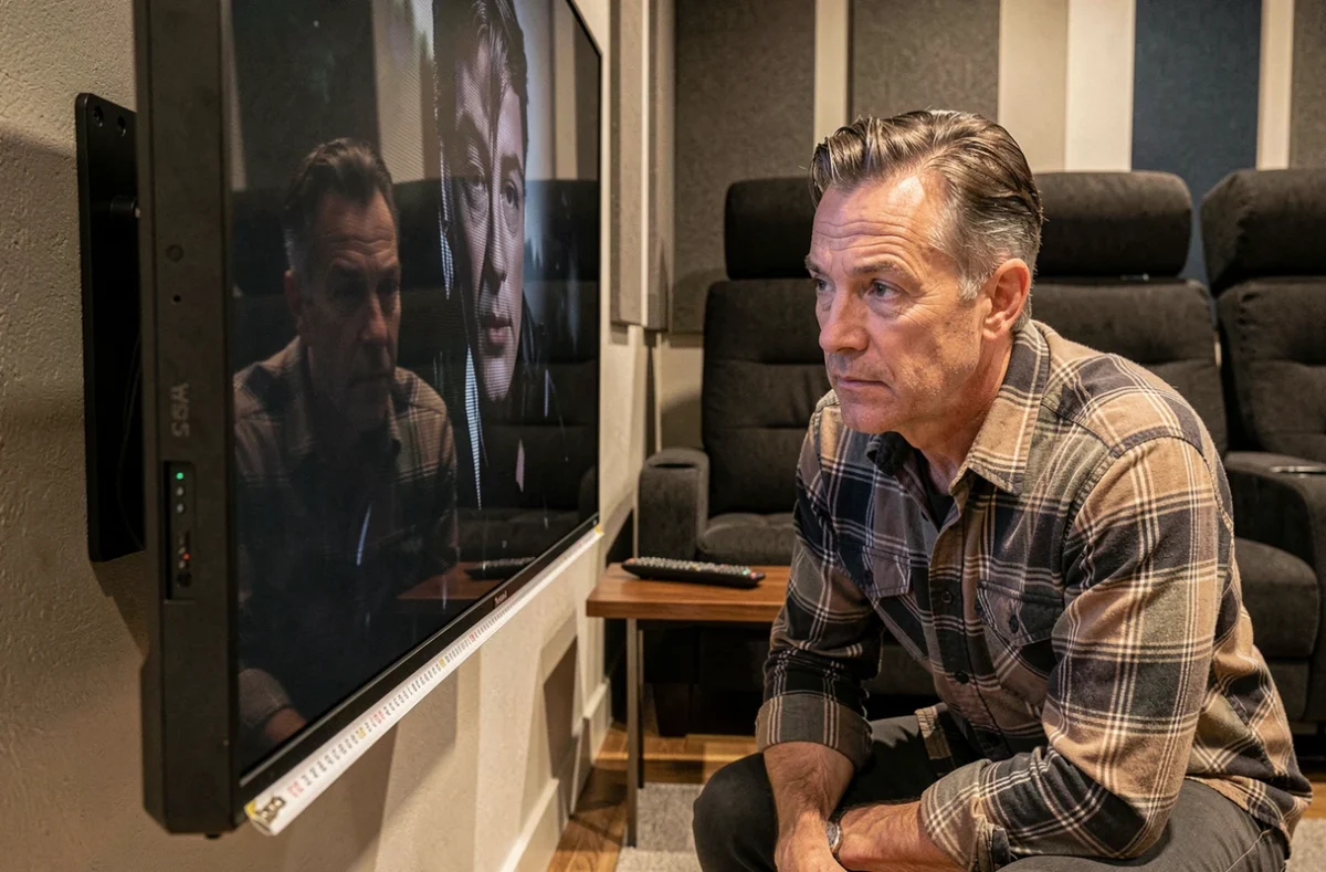 Homme mesurant les dimensions d'une télévision 50 pouces dans une salle de cinéma maison