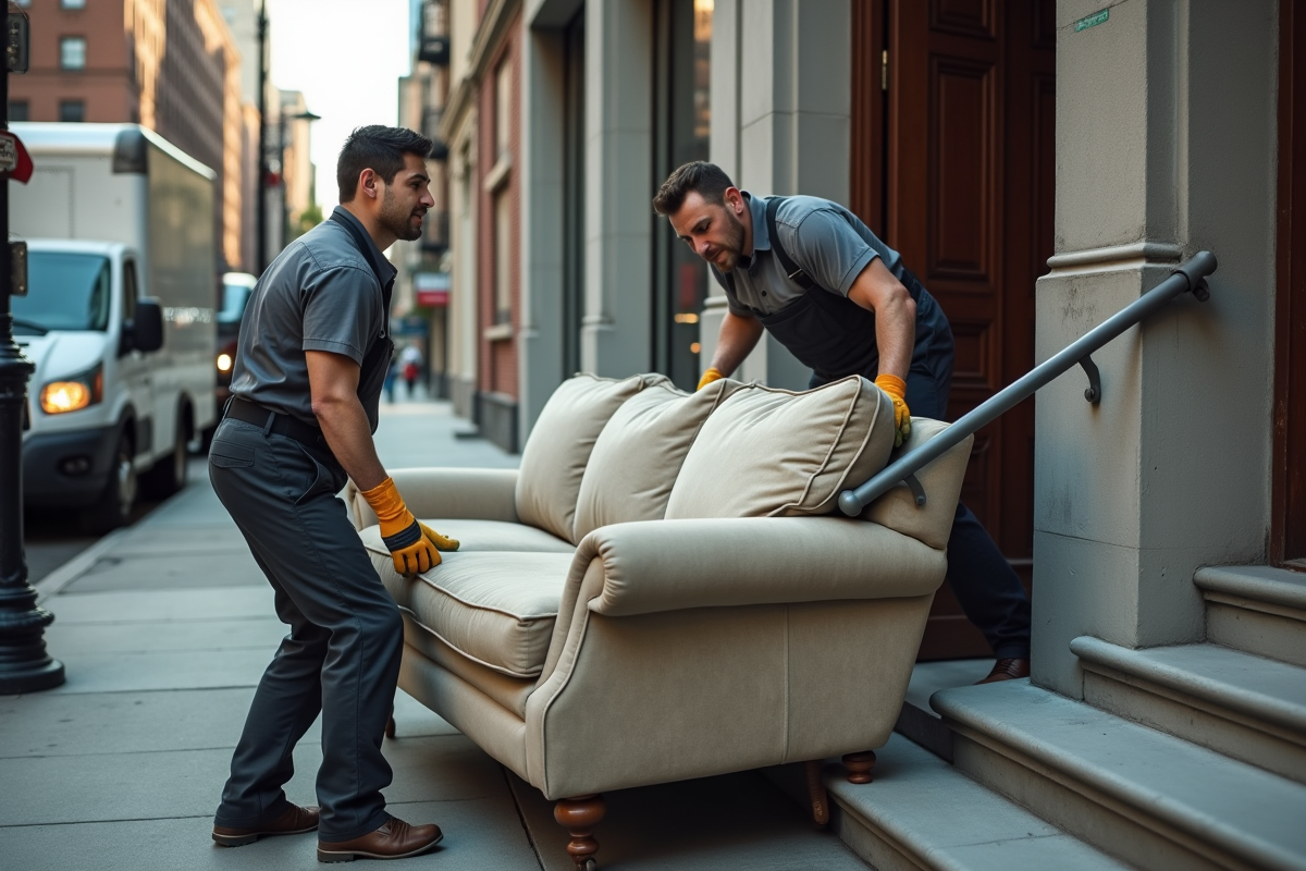 Deux déménageurs portant un canapé dans une rue urbaine
