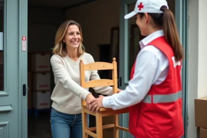 Femme donnant une chaise en bois à un bénévole de la Croix Rouge