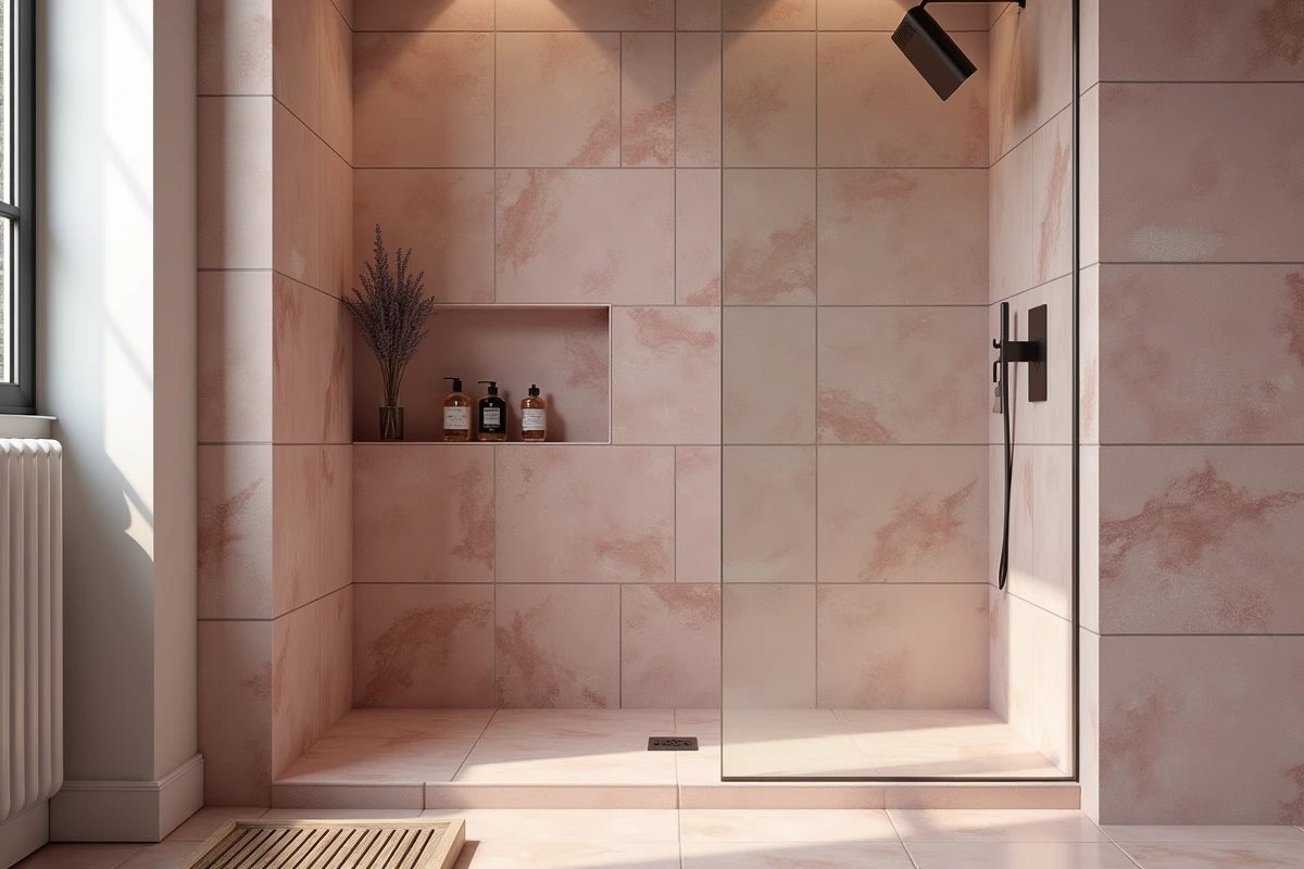Douche à l'italienne avec carrelage rose poudré et robinetterie bronze brossé style spa