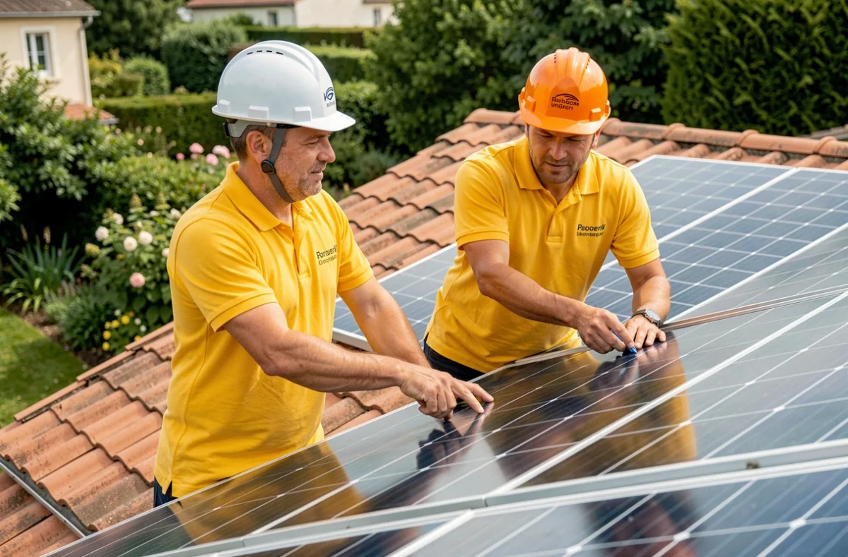 Deux spécialistes d'EASY SUN vérifiant la qualité d'une installation photovoltaïque terminée sur un toit en Essonne