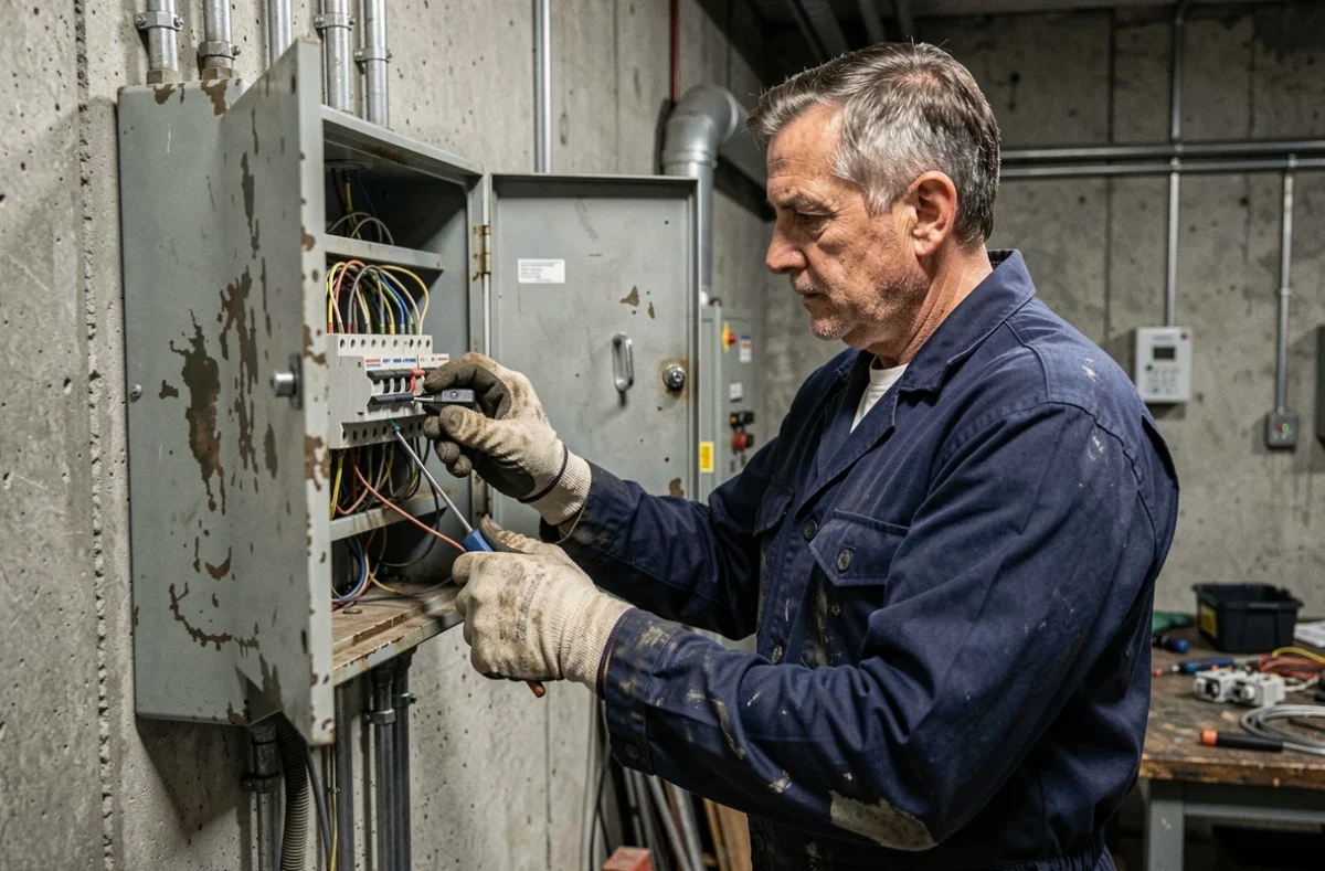 Électricien inspectant un tableau électrique avec des prises mal installées dans une salle technique industrielle