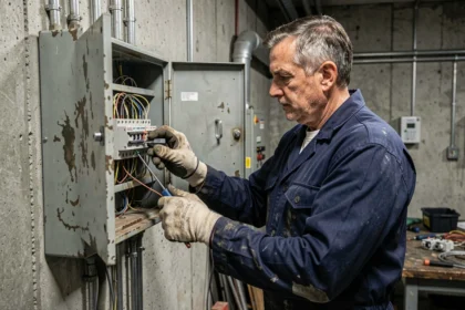 Électricien inspectant un tableau électrique avec des prises mal installées dans une salle technique industrielle