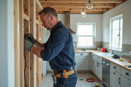 Électricien middleaged installant des câbles dans une cuisine en rénovation