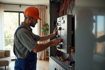 Électricien examinant un panneau électrique moderne dans un salon lumineux