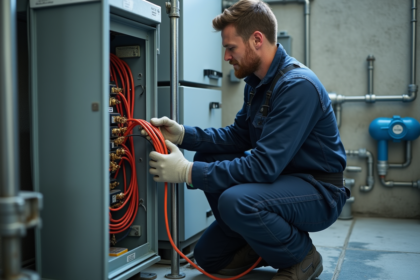 Électricien inspectant un panneau électrique dans une salle technique de piscine